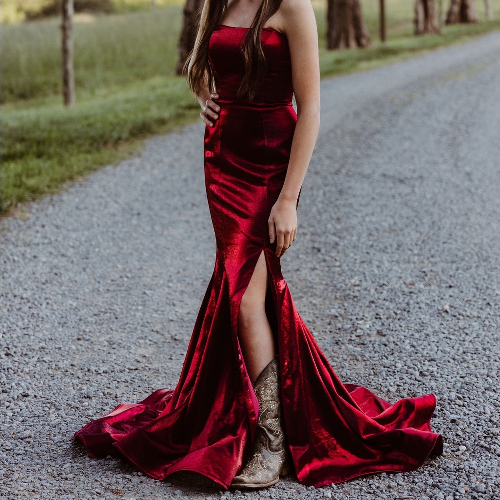 Strapless Red Satin Mermaid Gown with Front Slit